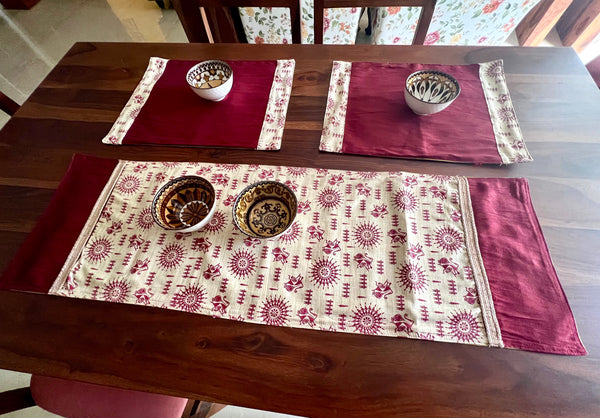 Maroon Warli - Table Runner with 2 Mats