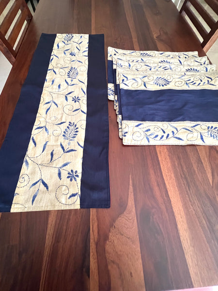 Navy Kantha - Table Runner with 6 Mats